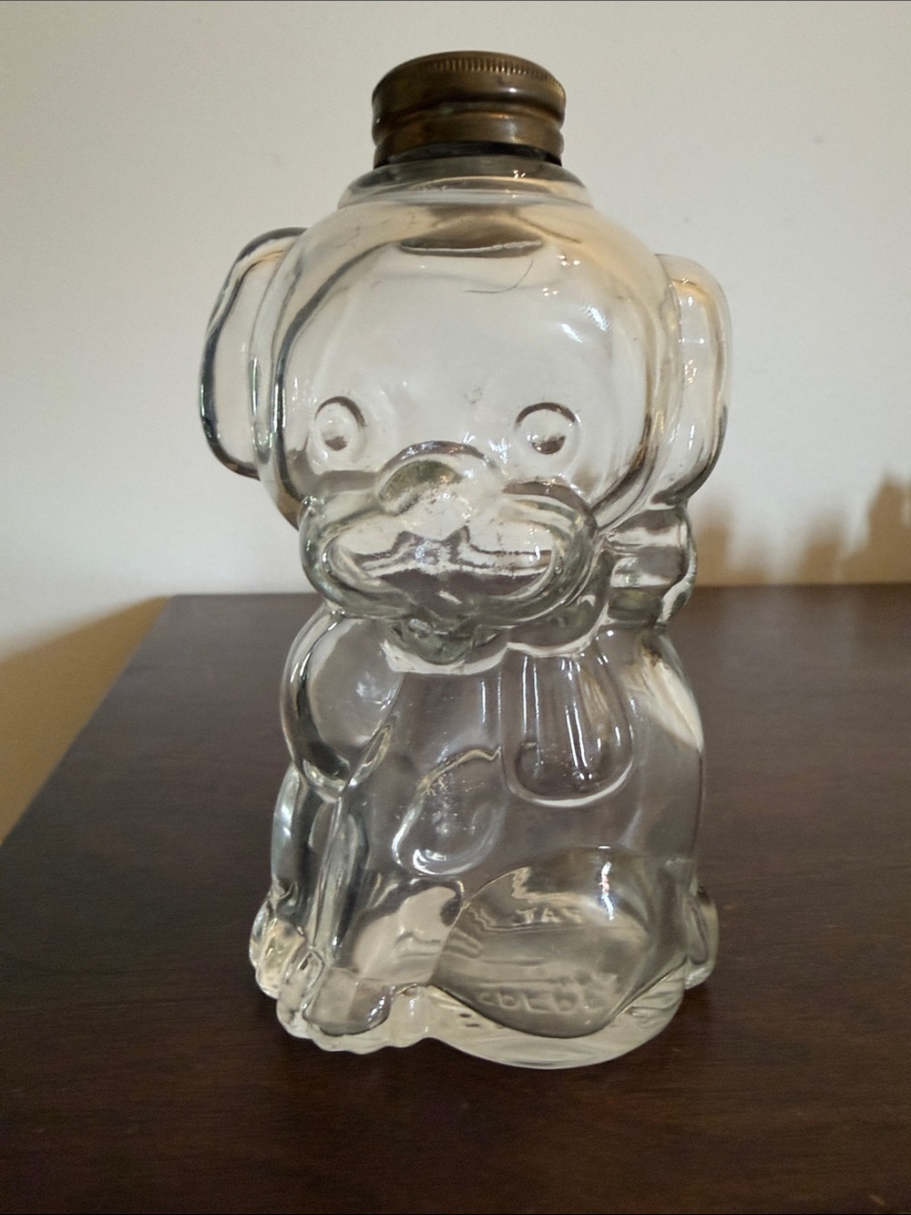 Clear vintage Glass Puppy Figural Bottle with Brass Cap